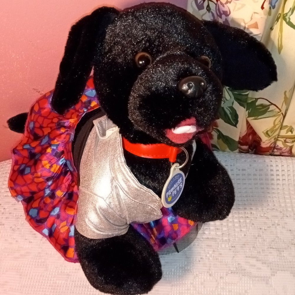 BUILD-A-BEAR WORKSHOP BLACK DOG WITH RED COLLAR A/ COLORFUL OUTFIT AND CUTE EYES